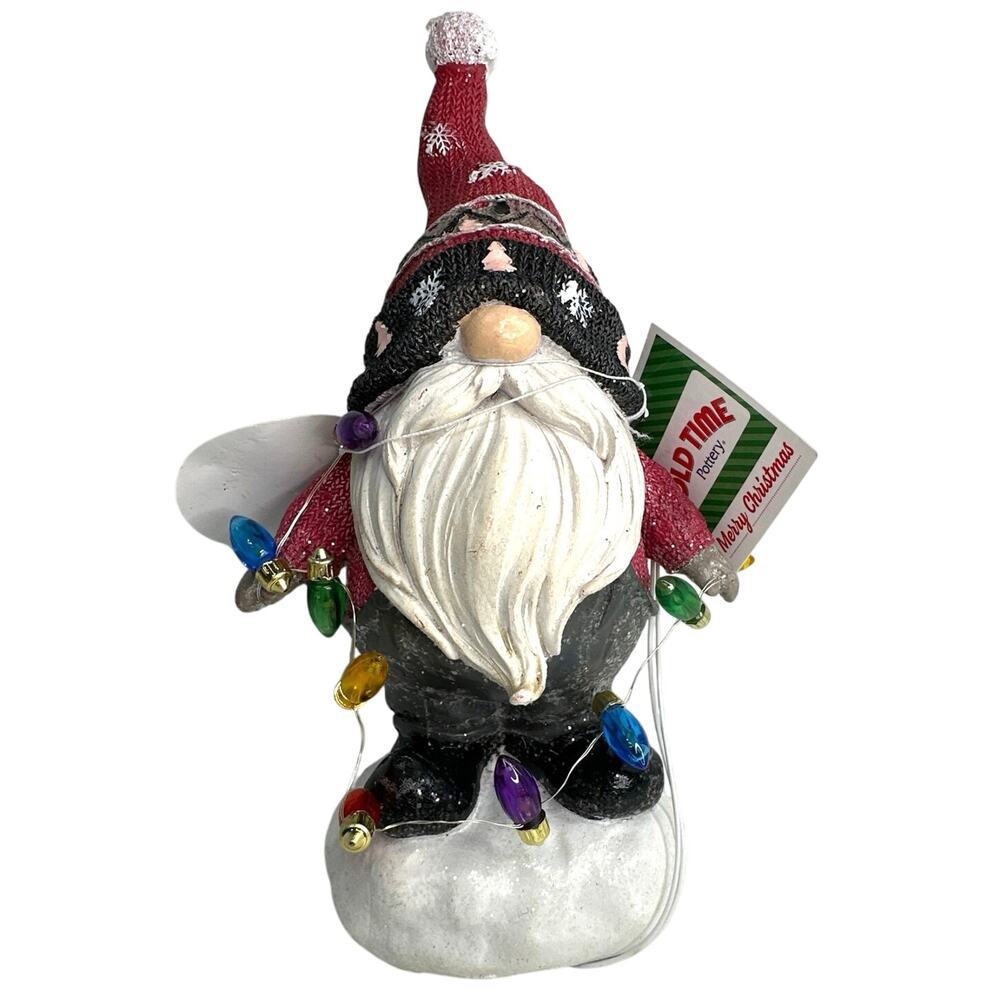 9in Nordic Elf Gnome with red christmas hat and shirt with lights.  NWT